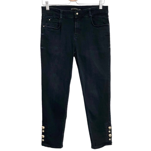 Zara Trafaluc Black Cropped Skinny Jeans Gold Bobble Button Ankle Embellished - Picture 4 of 16